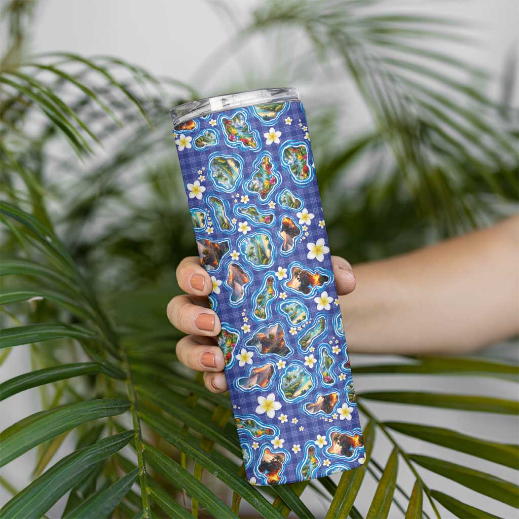 Hawaiian Island Shapes-Iconic Landscape Skinny Tumbler with Plumeria and Palaka Blue Color LT03 - Polynesian Pride