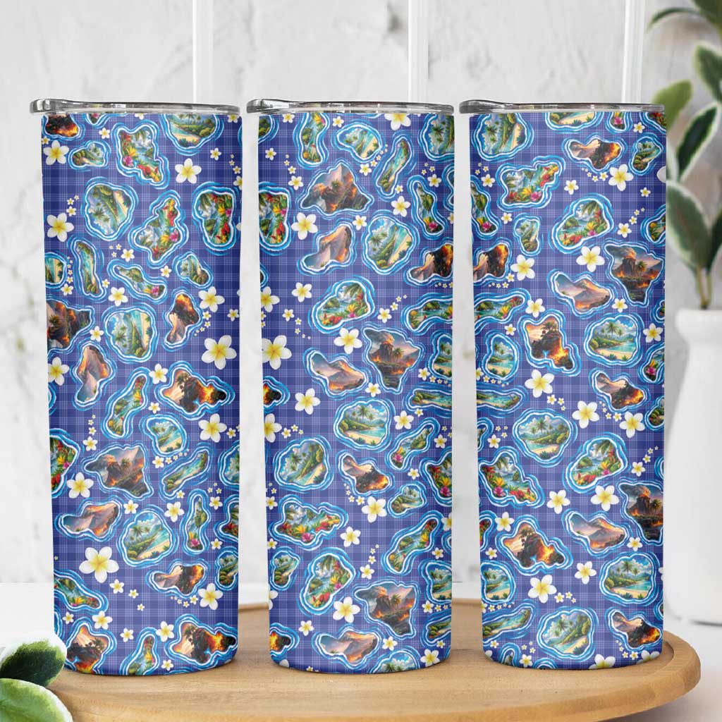 Hawaiian Island Shapes-Iconic Landscape Skinny Tumbler with Plumeria and Palaka Blue Color LT03 - Polynesian Pride