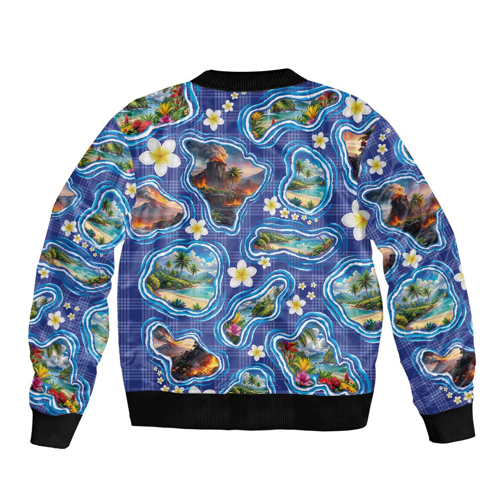 Hawaiian Island Shapes-Iconic Landscape Sleeve Zip Bomber Jacket with Plumeria and Palaka Blue Color