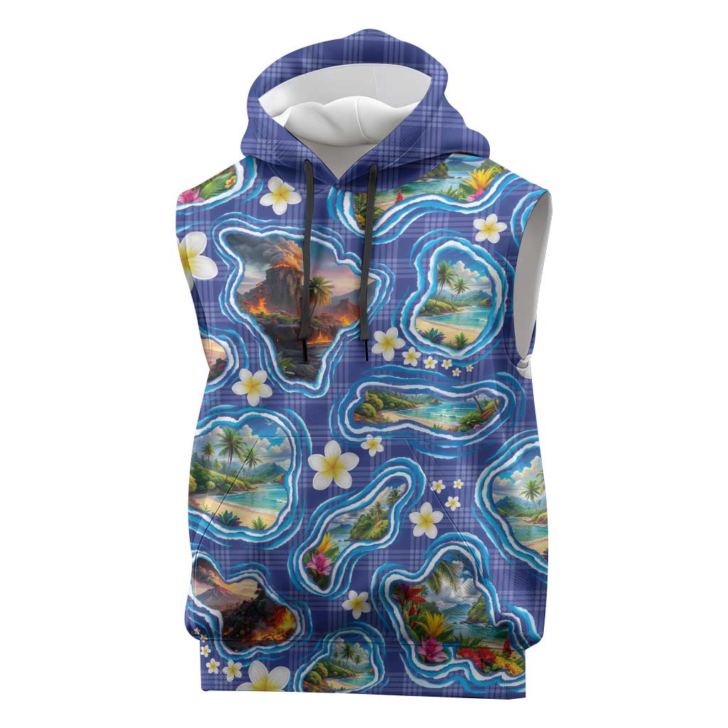 Hawaiian Island Shapes-Iconic Landscape Sleeveless Hoodie with Plumeria and Palaka Blue Color LT03 Blue - Polynesian Pride