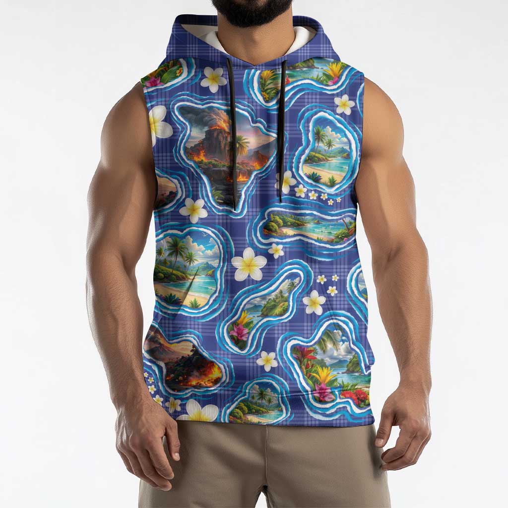Hawaiian Island Shapes-Iconic Landscape Sleeveless Hoodie with Plumeria and Palaka Blue Color LT03 - Polynesian Pride