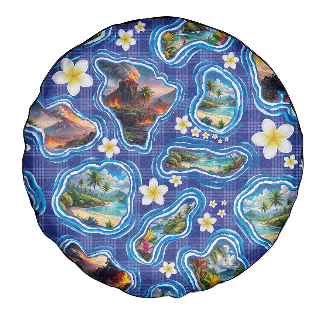 Hawaiian Island Shapes-Iconic Landscape Spare Tire Cover with Plumeria and Palaka Blue Color