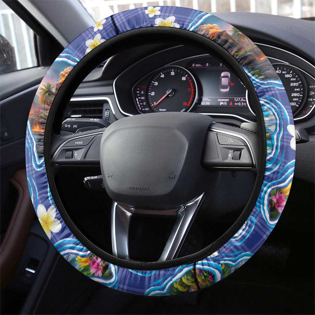 Hawaiian Island Shapes-Iconic Landscape Steering Wheel Cover with Plumeria and Palaka Blue Color