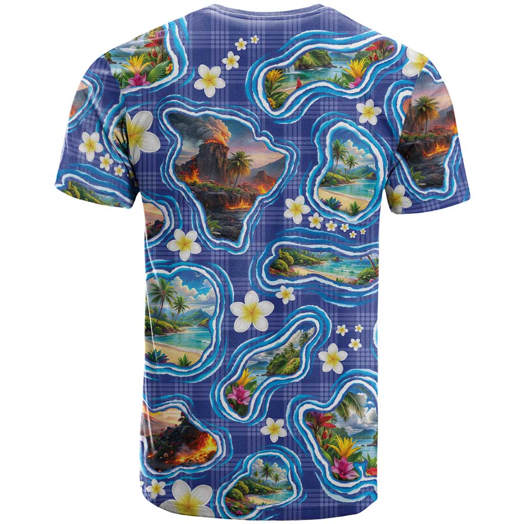 Hawaiian Island Shapes-Iconic Landscape T Shirt with Plumeria and Palaka Blue Color