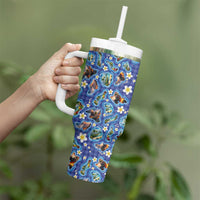 Hawaiian Island Shapes-Iconic Landscape Tumbler With Handle with Plumeria and Palaka Blue Color