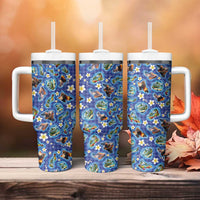 Hawaiian Island Shapes-Iconic Landscape Tumbler With Handle with Plumeria and Palaka Blue Color
