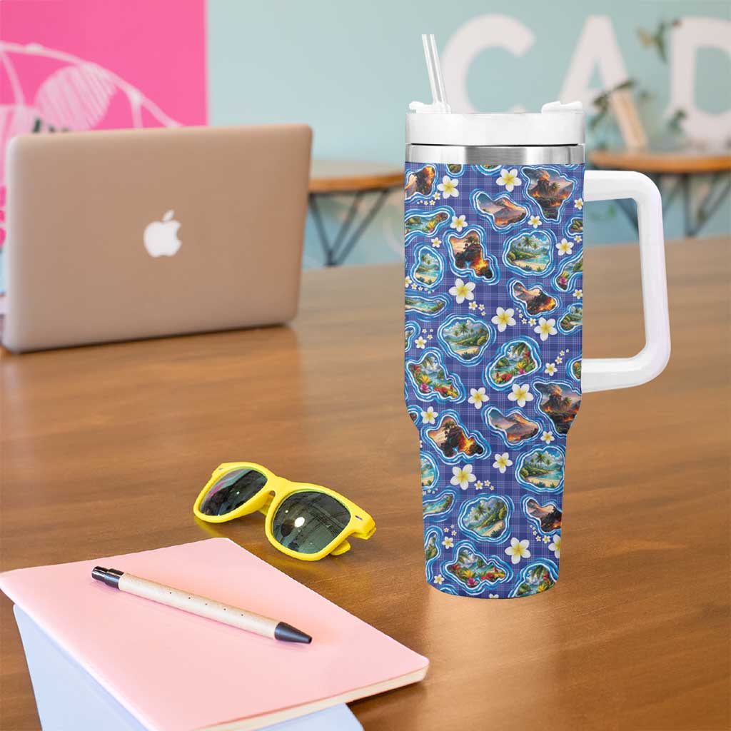 Hawaiian Island Shapes-Iconic Landscape Tumbler With Handle with Plumeria and Palaka Blue Color