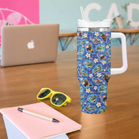 Hawaiian Island Shapes-Iconic Landscape Tumbler With Handle with Plumeria and Palaka Blue Color