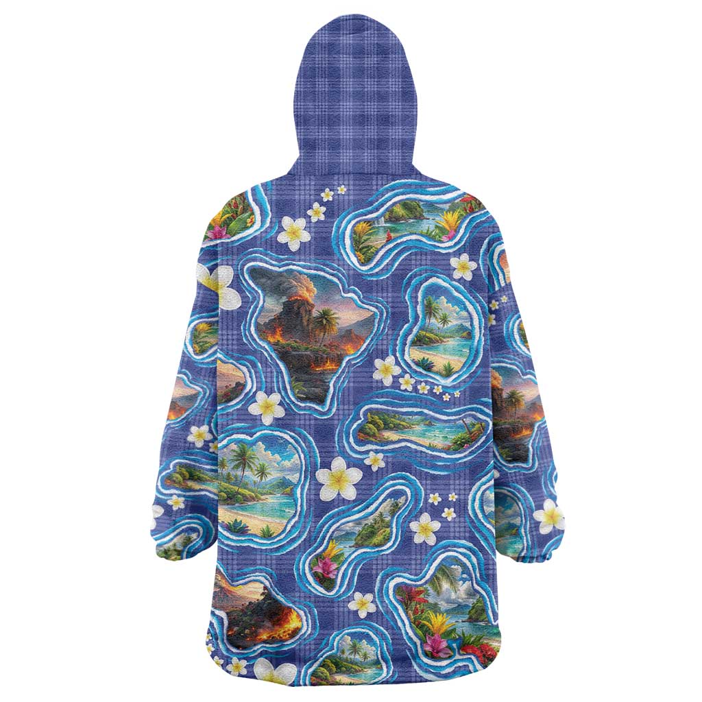 Hawaiian Island Shapes-Iconic Landscape Wearable Blanket Hoodie with Plumeria and Palaka Blue Color LT03 - Polynesian Pride