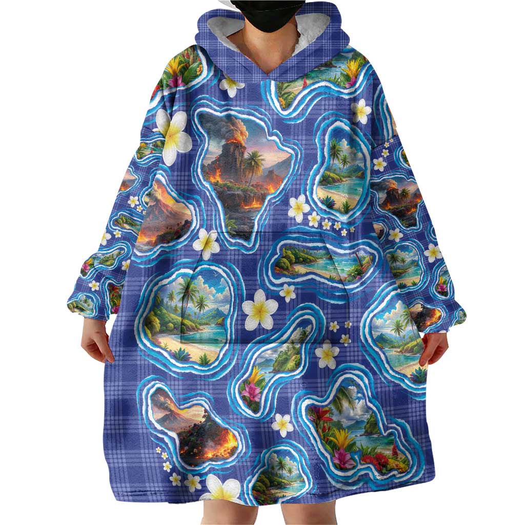 Hawaiian Island Shapes-Iconic Landscape Wearable Blanket Hoodie with Plumeria and Palaka Blue Color LT03 - Polynesian Pride