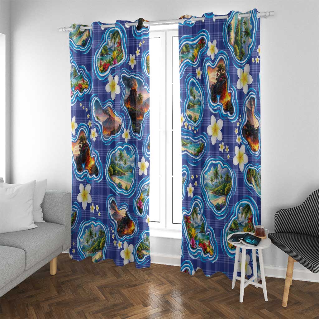 Hawaiian Island Shapes-Iconic Landscape Window Curtain with Plumeria and Palaka Blue Color