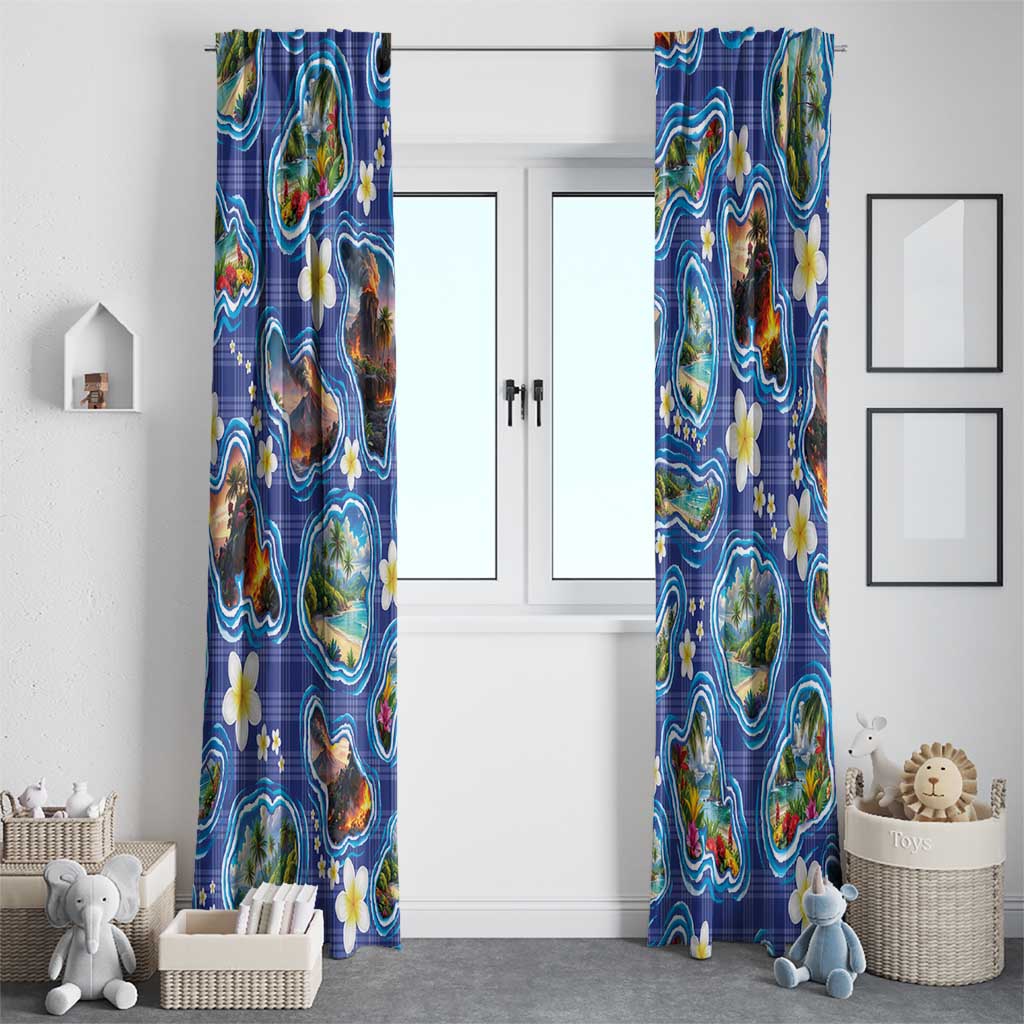 Hawaiian Island Shapes-Iconic Landscape Window Curtain with Plumeria and Palaka Blue Color