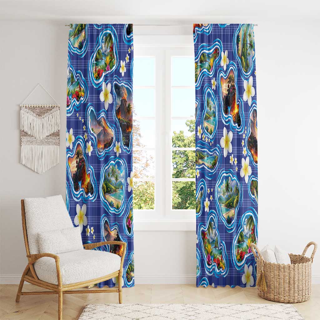 Hawaiian Island Shapes-Iconic Landscape Window Curtain with Plumeria and Palaka Blue Color