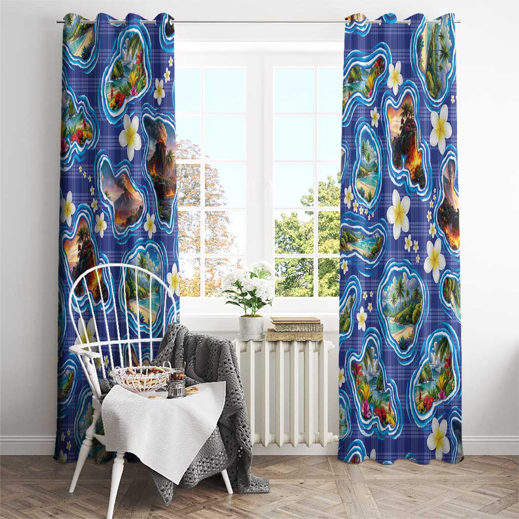 Hawaiian Island Shapes-Iconic Landscape Window Curtain with Plumeria and Palaka Blue Color