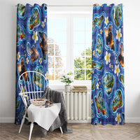 Hawaiian Island Shapes-Iconic Landscape Window Curtain with Plumeria and Palaka Blue Color