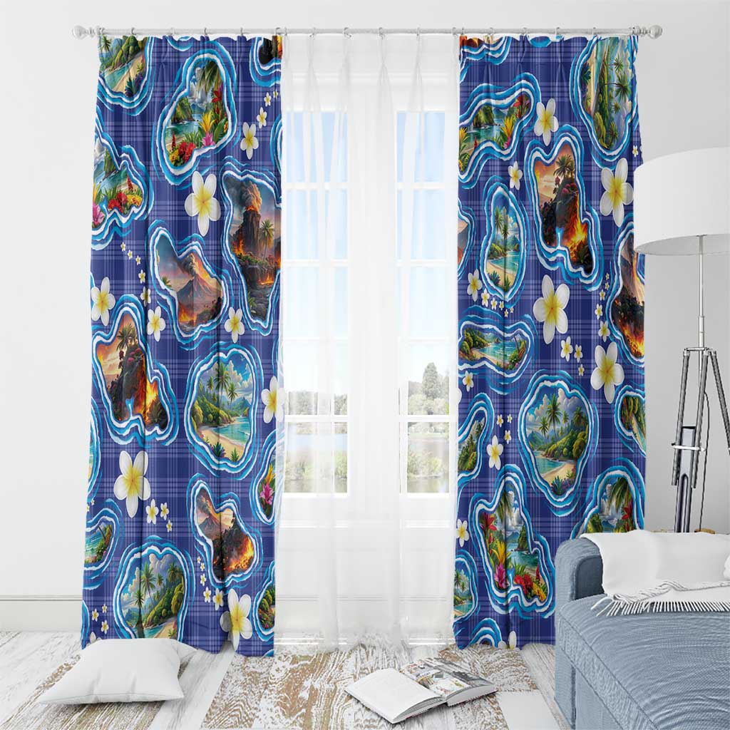 Hawaiian Island Shapes-Iconic Landscape Window Curtain with Plumeria and Palaka Blue Color