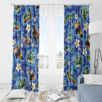 Hawaiian Island Shapes-Iconic Landscape Window Curtain with Plumeria and Palaka Blue Color