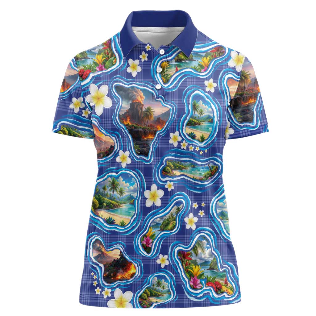 Hawaiian Island Shapes-Iconic Landscape Women Polo Shirt with Plumeria and Palaka Blue Color