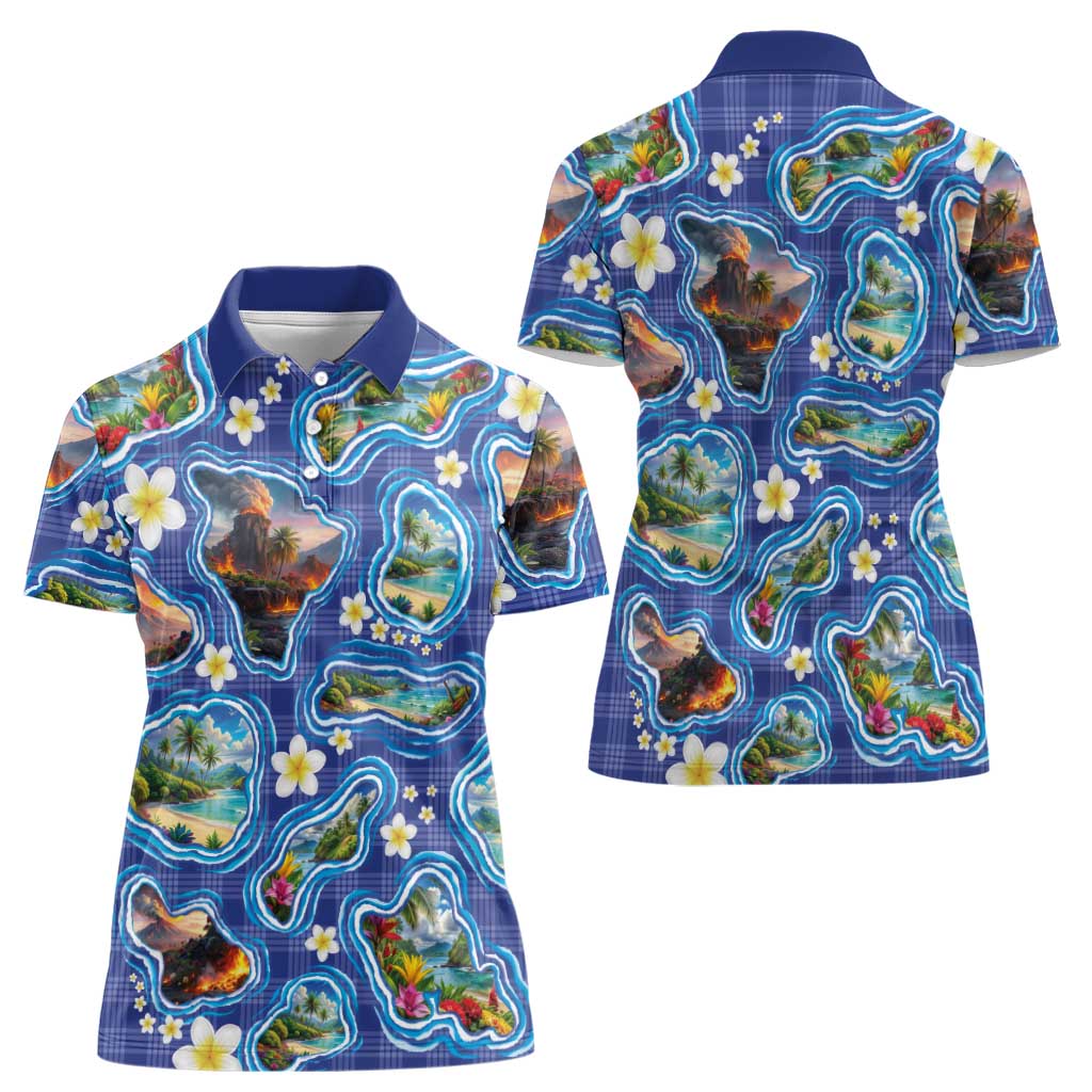 Hawaiian Island Shapes-Iconic Landscape Women Polo Shirt with Plumeria and Palaka Blue Color LT03 - Polynesian Pride