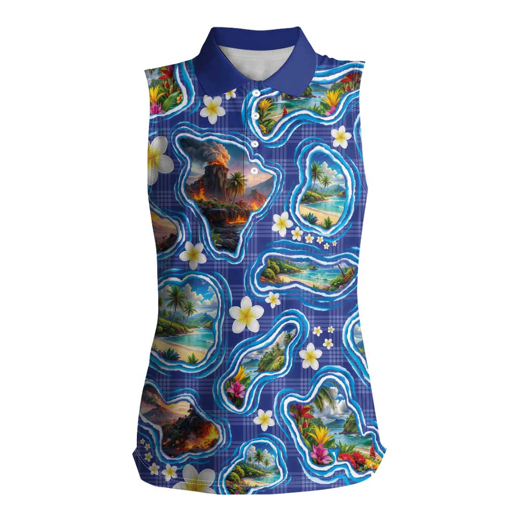 Hawaiian Island Shapes-Iconic Landscape Women Sleeveless Polo Shirt with Plumeria and Palaka Blue Color LT03 Female Blue - Polynesian Pride