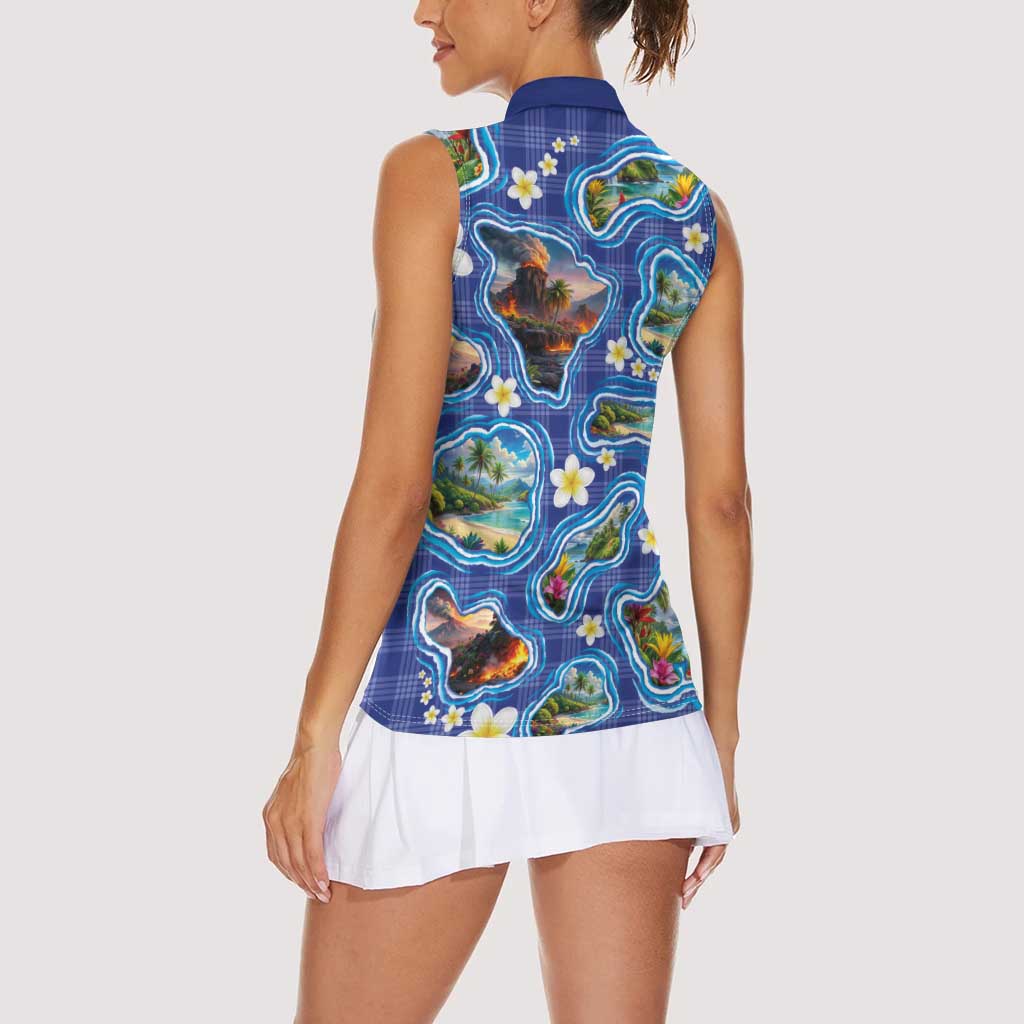 Hawaiian Island Shapes-Iconic Landscape Women Sleeveless Polo Shirt with Plumeria and Palaka Blue Color LT03 - Polynesian Pride
