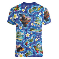 Hawaiian Island Shapes-Iconic Landscape Women V-Neck T-Shirt with Plumeria and Palaka Blue Color LT03 - Polynesian Pride