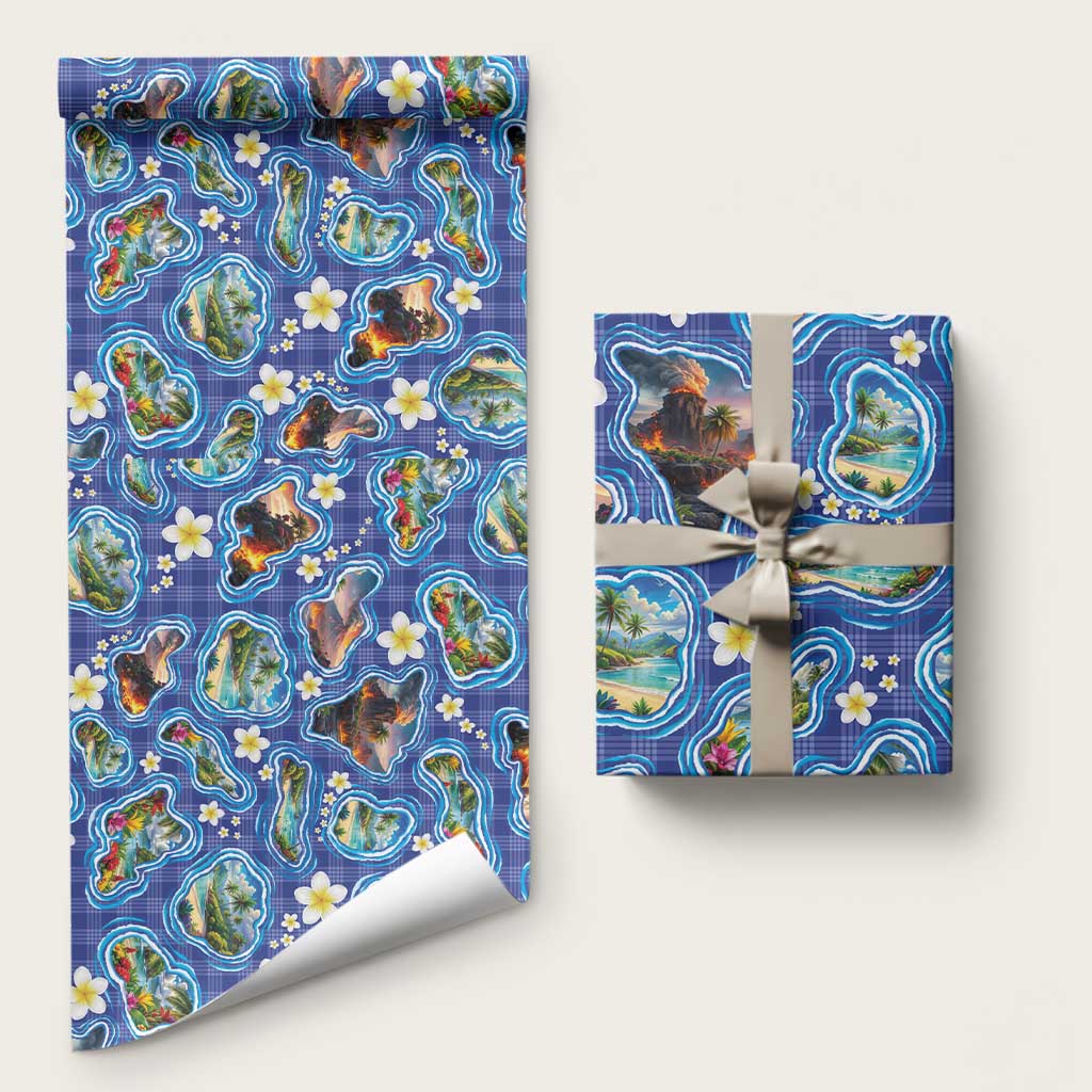 Hawaiian Island Shapes-Iconic Landscape Wrapping Paper with Plumeria and Palaka Blue Color