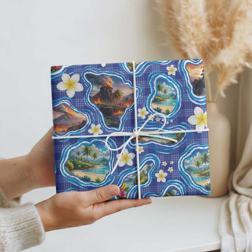 Hawaiian Island Shapes-Iconic Landscape Wrapping Paper with Plumeria and Palaka Blue Color