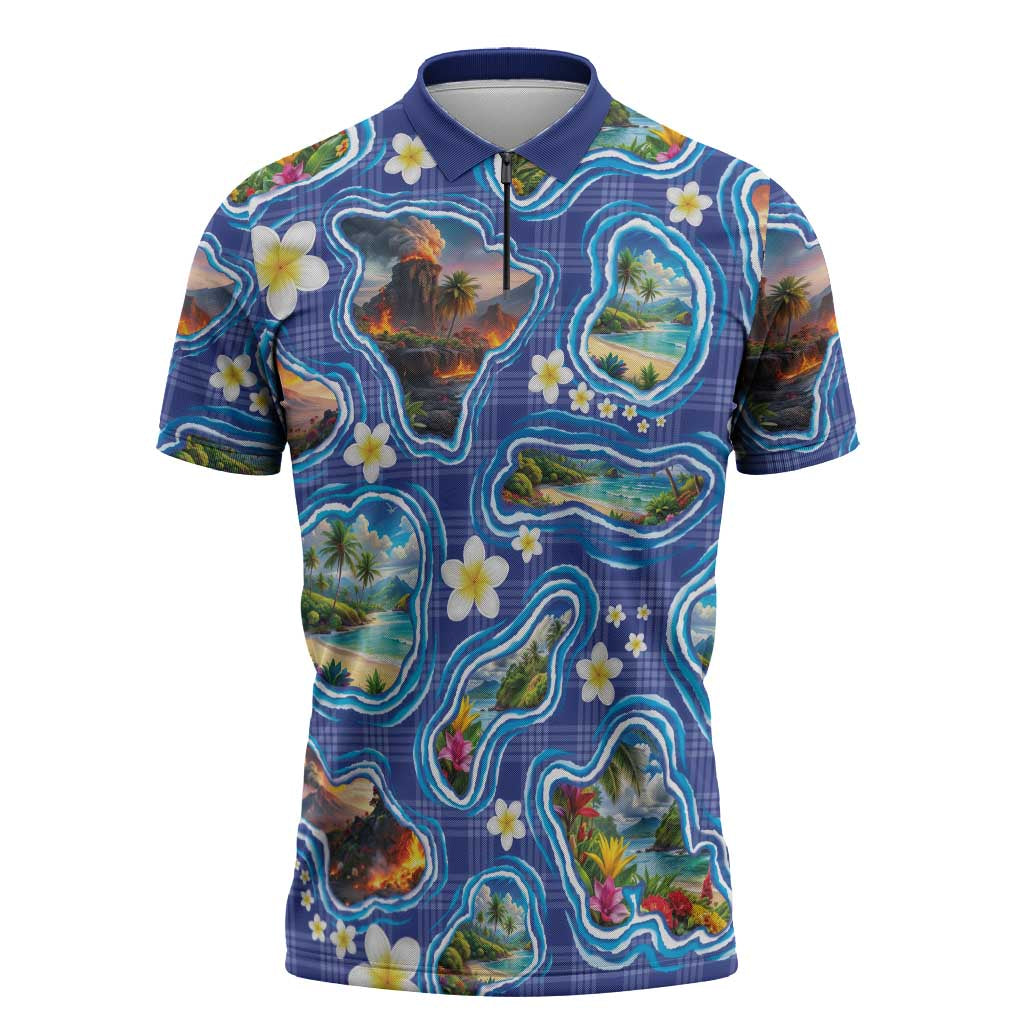Hawaiian Island Shapes-Iconic Landscape Zipper Polo Shirt with Plumeria and Palaka Blue Color LT03 Blue - Polynesian Pride