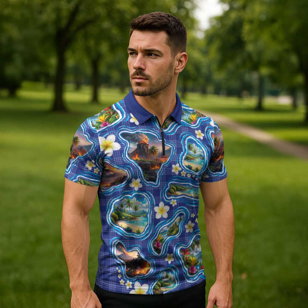 Hawaiian Island Shapes-Iconic Landscape Zipper Polo Shirt with Plumeria and Palaka Blue Color LT03 - Polynesian Pride
