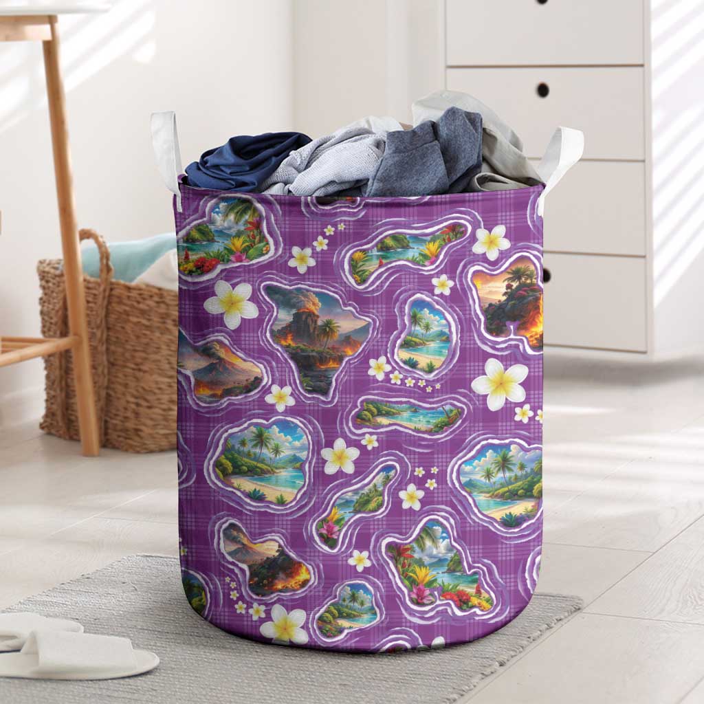 Hawaiian Island Shapes-Iconic Landscape Laundry Basket with Plumeria and Palaka Purple Color