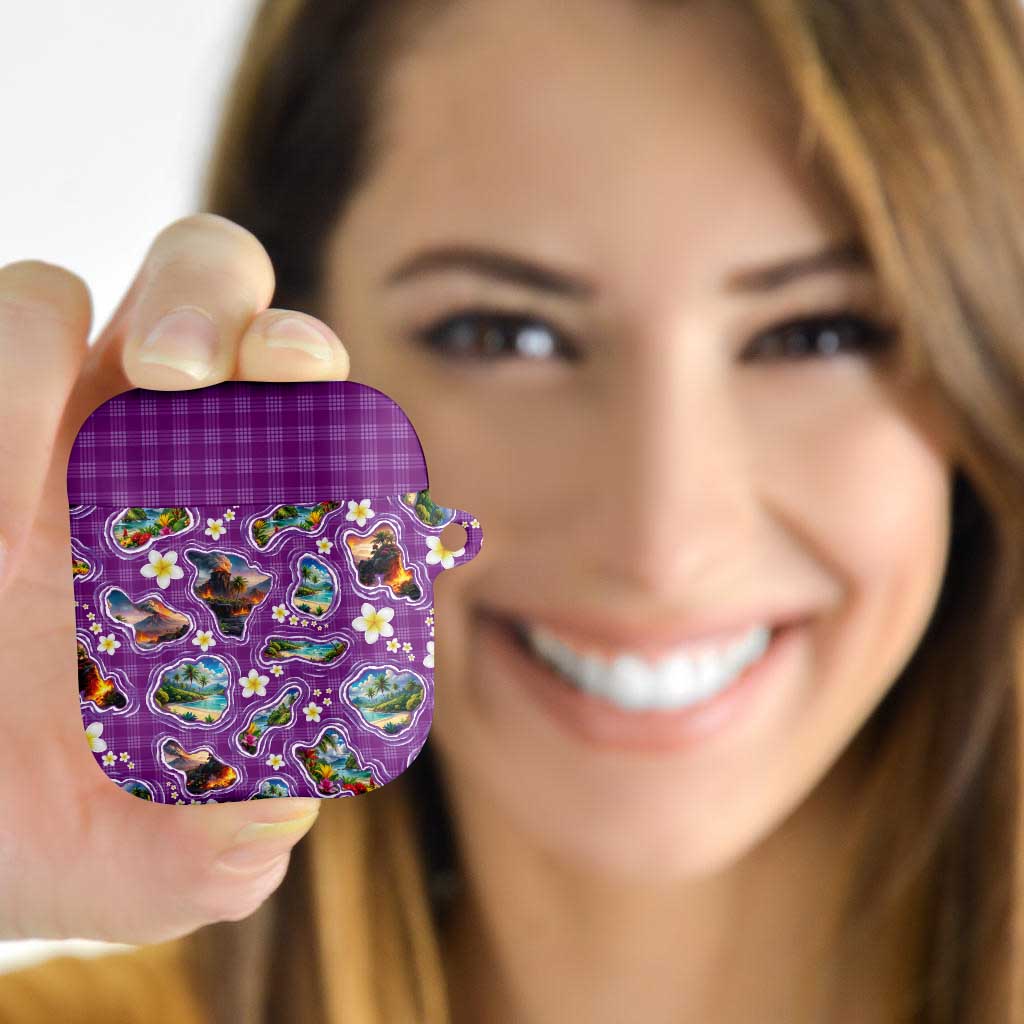 Hawaiian Island Shapes-Iconic Landscape AirPods Case with Plumeria and Palaka Purple Color