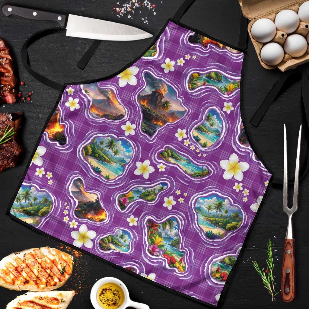 Hawaiian Island Shapes-Iconic Landscape Apron with Plumeria and Palaka Purple Color