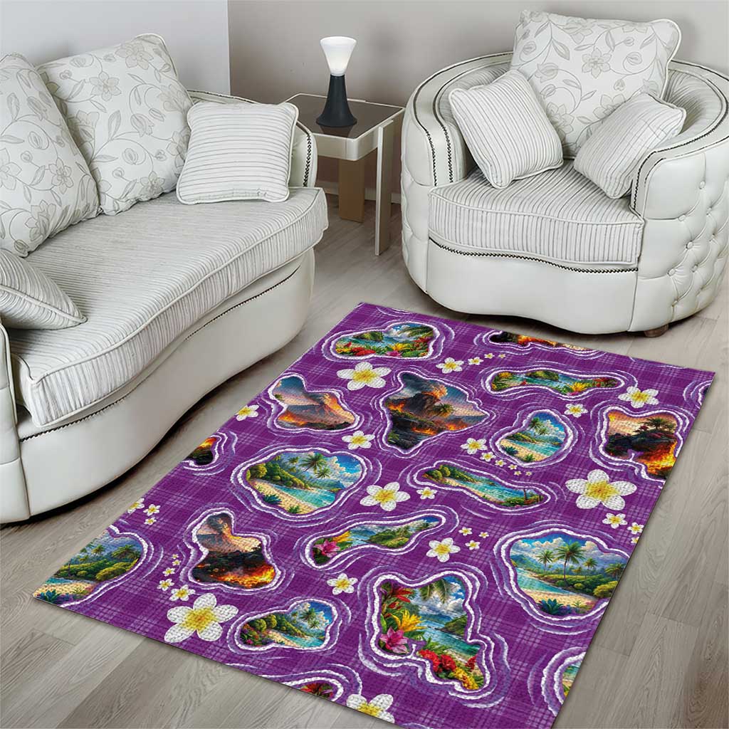 Hawaiian Island Shapes-Iconic Landscape Area Rug with Plumeria and Palaka Purple Color