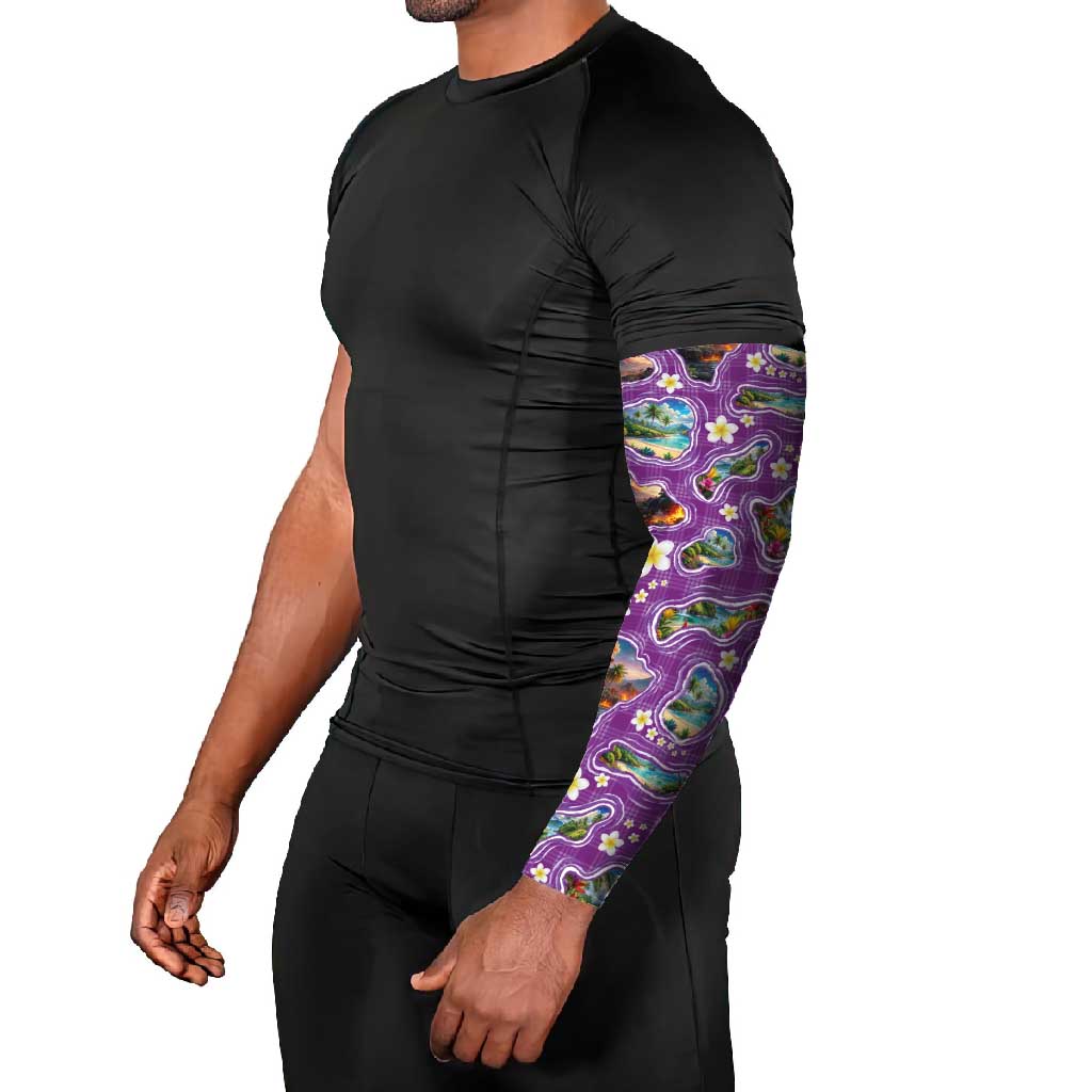 Hawaiian Island Shapes-Iconic Landscape Arm Sleeves with Plumeria and Palaka Purple Color LT03 - Polynesian Pride