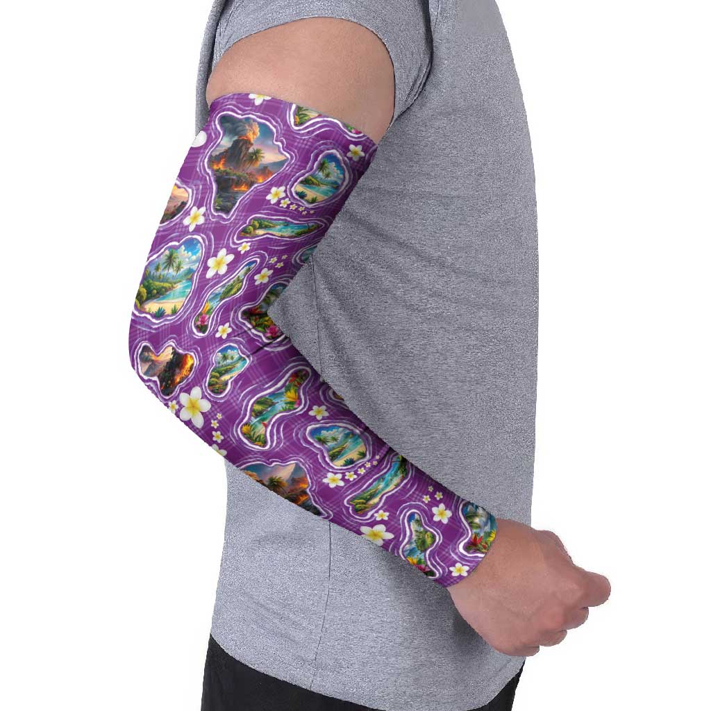 Hawaiian Island Shapes-Iconic Landscape Arm Sleeves with Plumeria and Palaka Purple Color LT03 - Polynesian Pride