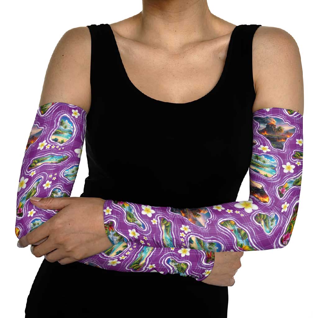 Hawaiian Island Shapes-Iconic Landscape Arm Sleeves with Plumeria and Palaka Purple Color LT03 - Polynesian Pride