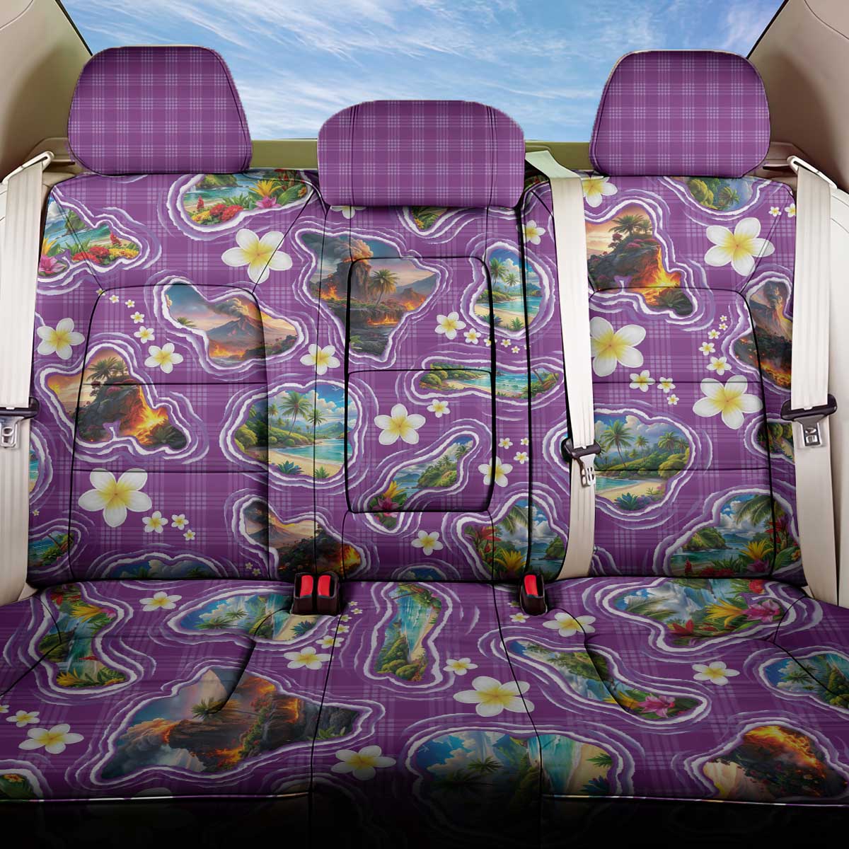 Hawaiian Island Shapes-Iconic Landscape Back Car Seat Cover with Plumeria and Palaka Purple Color