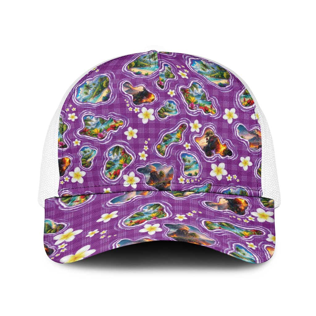 Hawaiian Island Shapes-Iconic Landscape Baseball Net Cap with Plumeria and Palaka Purple Color