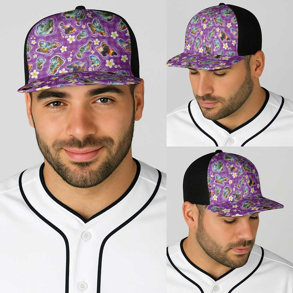 Hawaiian Island Shapes-Iconic Landscape Baseball Net Cap with Plumeria and Palaka Purple Color