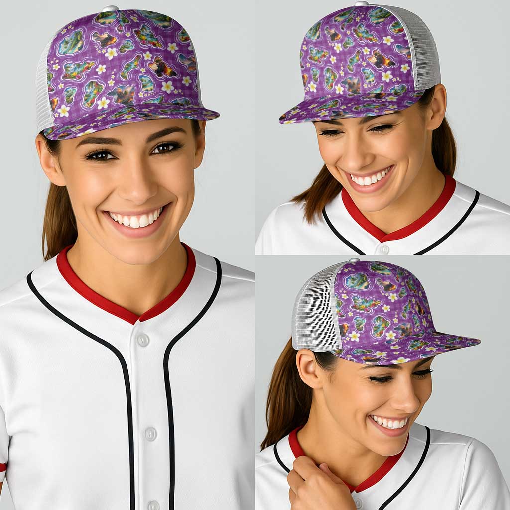 Hawaiian Island Shapes-Iconic Landscape Baseball Net Cap with Plumeria and Palaka Purple Color