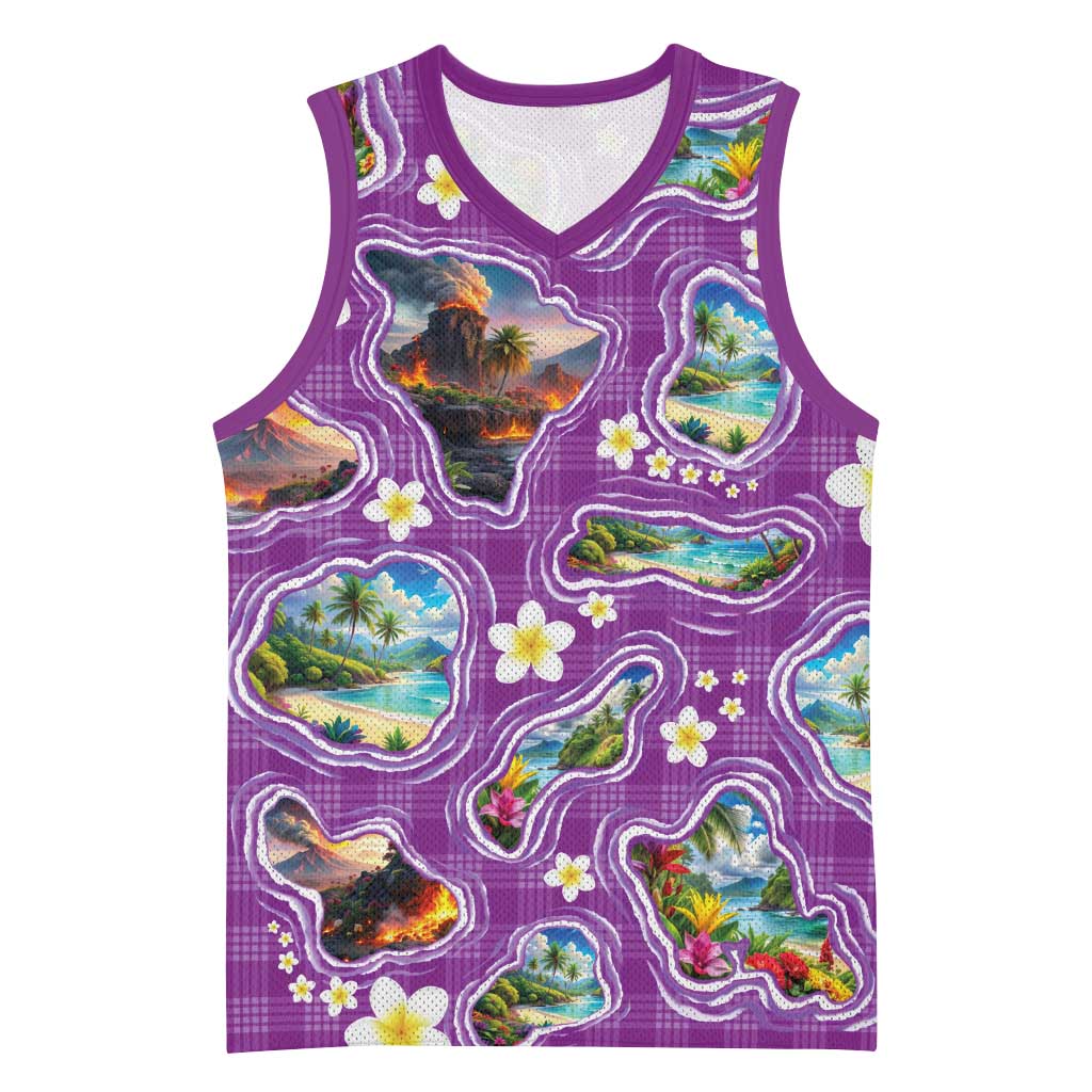 Hawaiian Island Shapes-Iconic Landscape Basketball Jersey with Plumeria and Palaka Purple Color LT03 Unisex Purple - Polynesian Pride