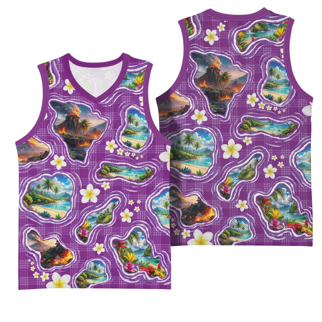 Hawaiian Island Shapes-Iconic Landscape Basketball Jersey with Plumeria and Palaka Purple Color LT03 - Polynesian Pride