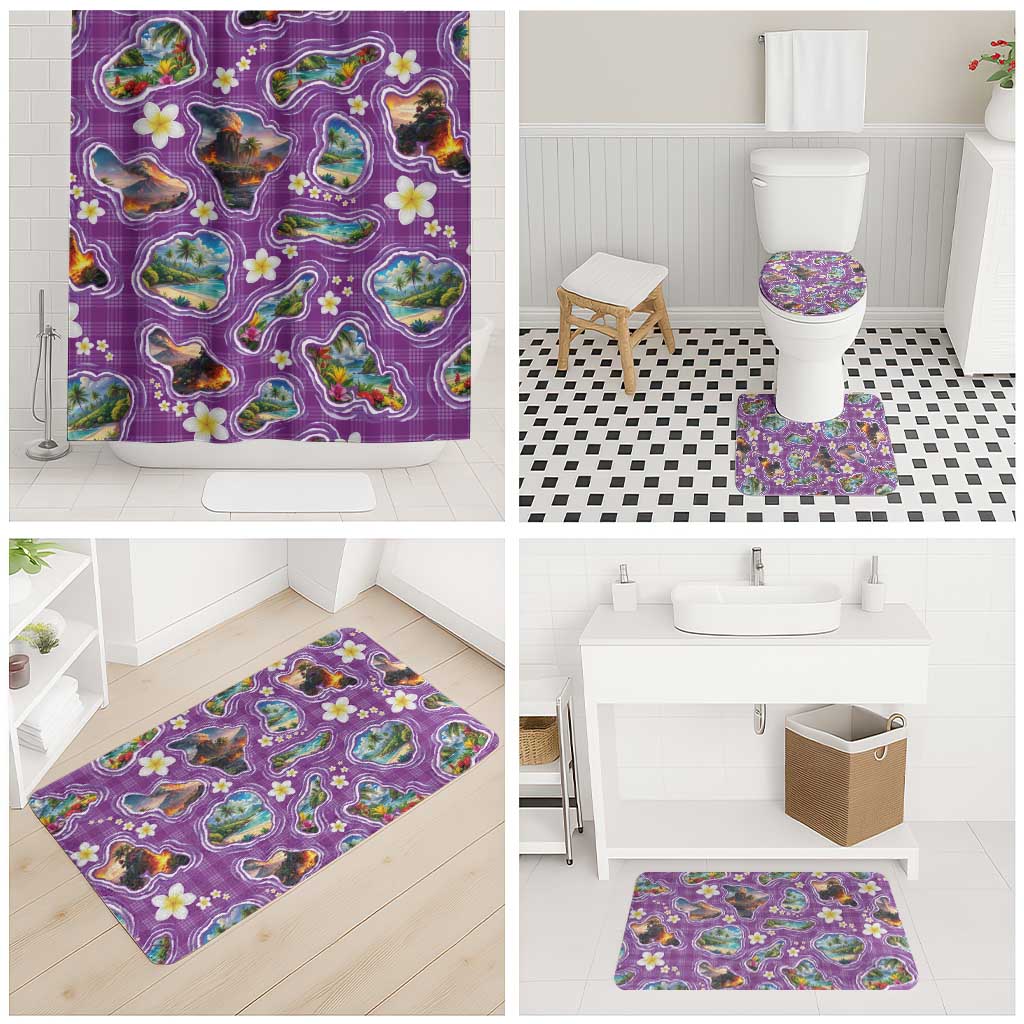 Hawaiian Island Shapes-Iconic Landscape Bathroom Set with Plumeria and Palaka Purple Color