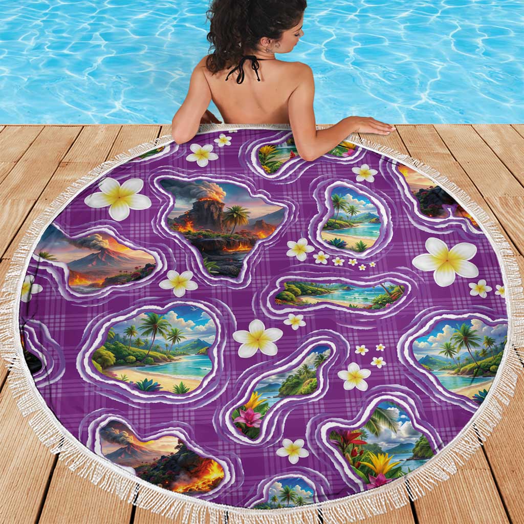 Hawaiian Island Shapes-Iconic Landscape Beach Blanket with Plumeria and Palaka Purple Color