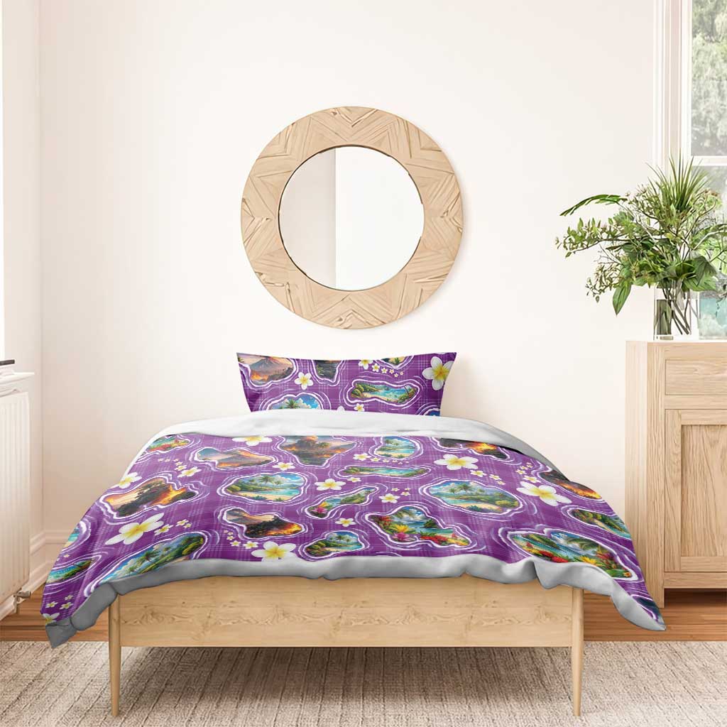 Hawaiian Island Shapes-Iconic Landscape Bedding Set with Plumeria and Palaka Purple Color