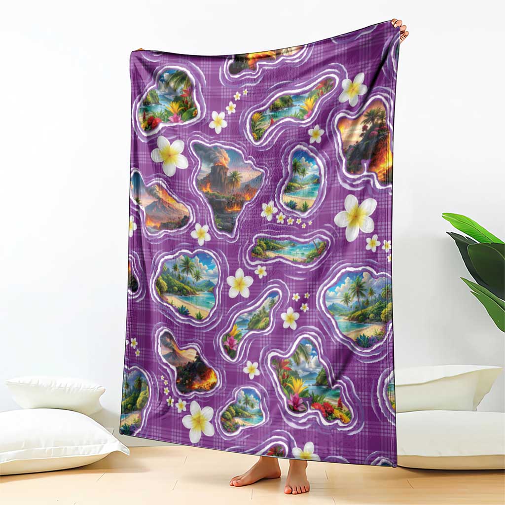 Hawaiian Island Shapes-Iconic Landscape Blanket with Plumeria and Palaka Purple Color