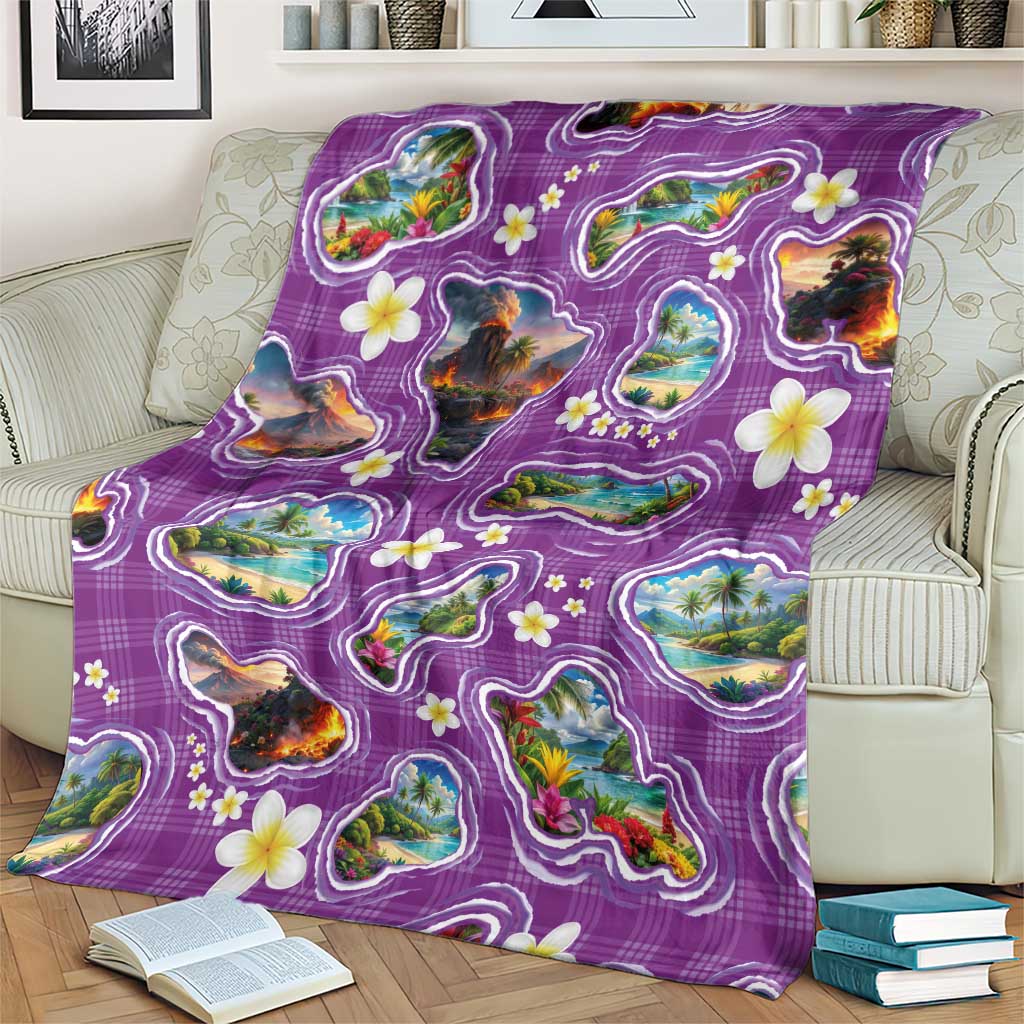 Hawaiian Island Shapes-Iconic Landscape Blanket with Plumeria and Palaka Purple Color
