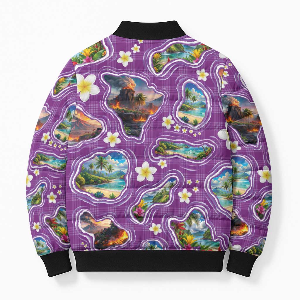 Hawaiian Island Shapes-Iconic Landscape Bomber Puffer Jacket with Plumeria and Palaka Purple Color