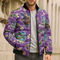 Hawaiian Island Shapes-Iconic Landscape Bomber Puffer Jacket with Plumeria and Palaka Purple Color